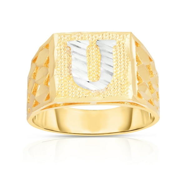 Floreo Men’s 10k Yellow Gold Alphabet Two-Tone Square A-Z Initial Ring, Sizes 5 - 11