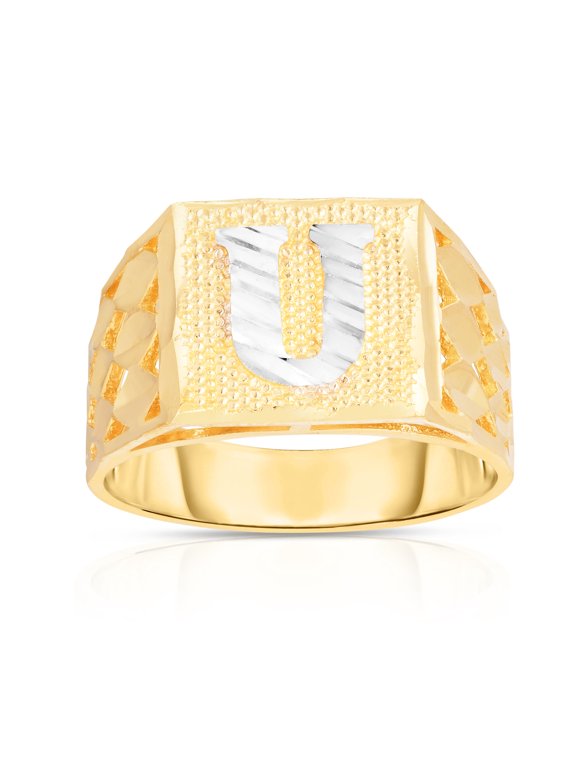Men’s 10k Yellow Gold Alphabet Two-Tone Square A-Z Initial Ring, Sizes 5 - 11