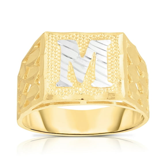 Floreo Men’s 10k Yellow Gold Alphabet Two-Tone Square A-Z Initial Ring, Sizes 5 - 11