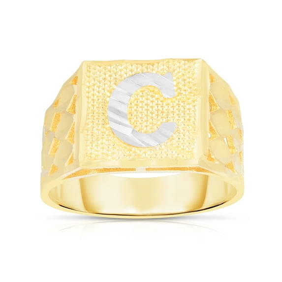 Floreo Men’s 10k Yellow Gold Alphabet Two-Tone Square A-Z Initial Ring, Sizes 5 - 11