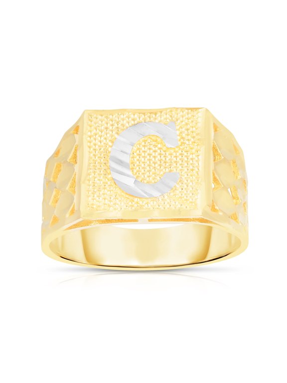 Men’s 10k Yellow Gold Alphabet Two-Tone Square A-Z Initial Ring, Sizes 5 - 11