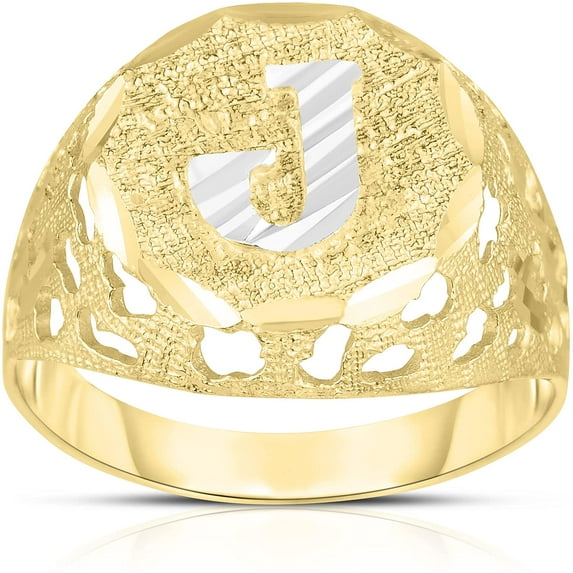 Floreo Men's 10k Yellow Gold Round Two-Tone Gold A-Z Initial Ring, Sizes 5 - 11