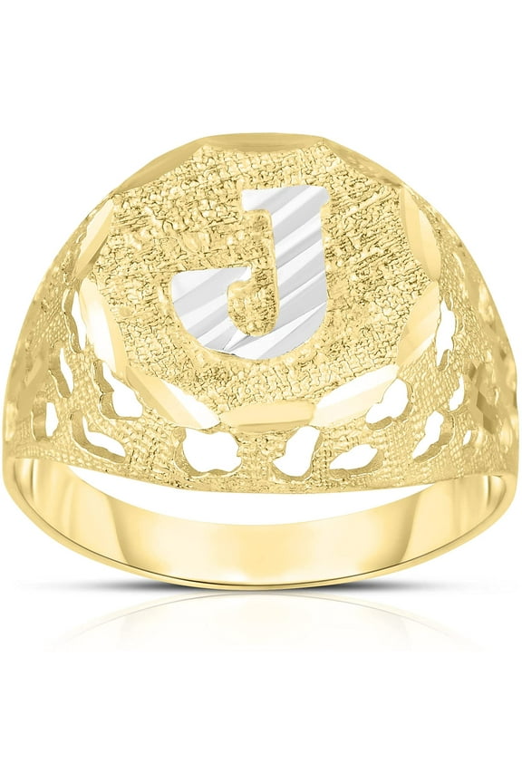 Men's 10k Yellow Gold Round Two-Tone Gold A-Z Initial Ring, Sizes 5 - 11