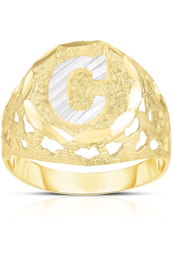Men's 10k Yellow Gold Round Two-Tone Gold A-Z Initial Ring, Sizes 5 - 11