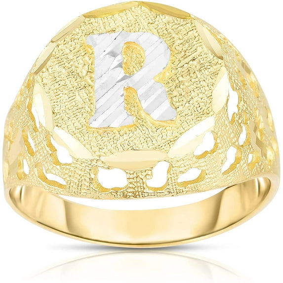 Floreo Men's 10k Yellow Gold Round Two-Tone Gold A-Z Initial Ring, Sizes 5 - 11