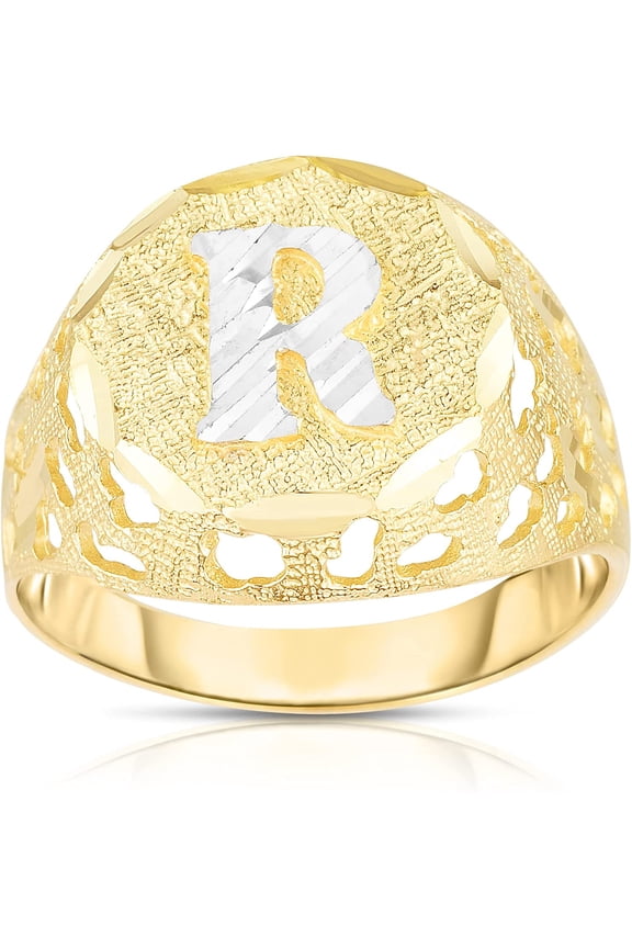 Men's 10k Yellow Gold Round Two-Tone Gold A-Z Initial Ring, Sizes 5 - 11