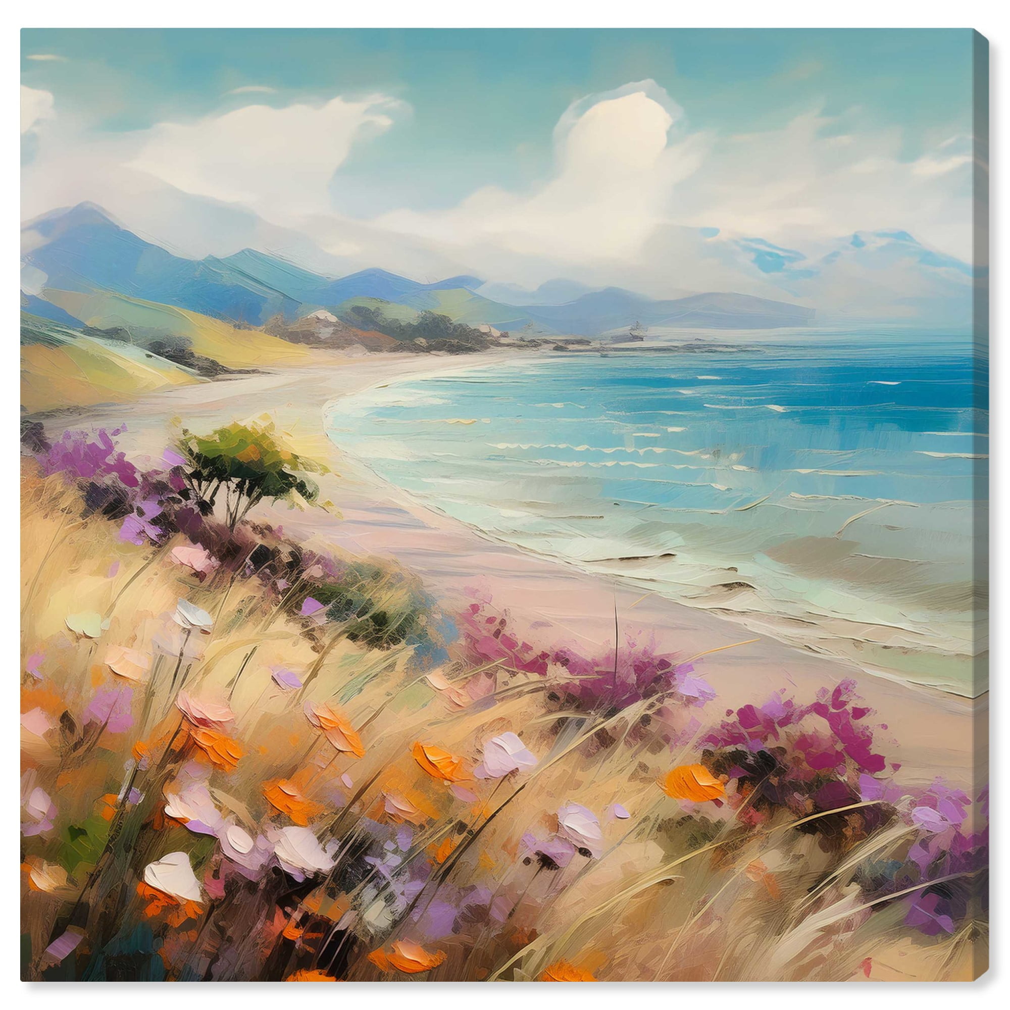 Flores En La Playa Coastal Landscape Canvas Wall Art, 12" x 12"