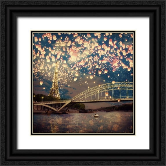 Flores, Paula Belle 26x26 Black Ornate Wood Framed with Double Matting Museum Art Print Titled - Love Wish Lanterns Over Paris