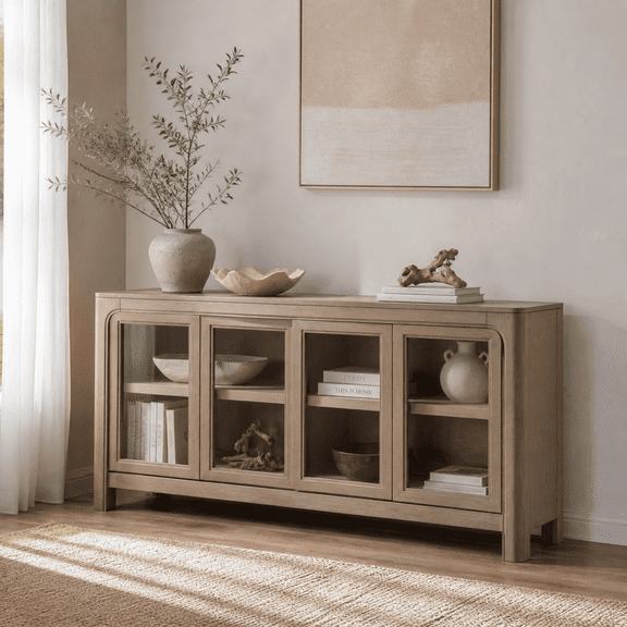 Flores Weathered Mango Wood Sideboard with Glass Doors, 64 in W