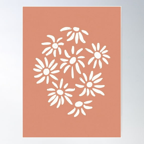 Florette Daisy Floral Pattern - Coral + Snow Poster Wall Art, Modern Wall Decor For Living Room Bedroom, 12x18 UNFRAMED