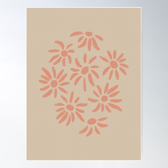 Florette Daisy Floral Pattern - Dove + Coral Poster Wall Art, Modern Wall Decor For Living Room Bedroom, 8x12 UNFRAMED