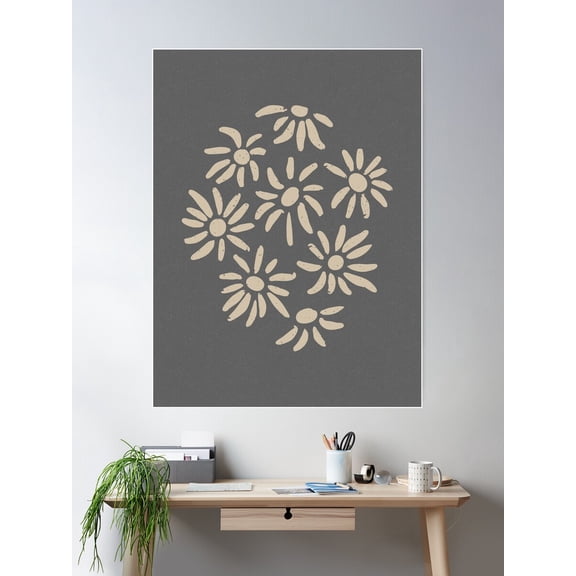 Florette Daisy Floral Pattern - Slate + Dove Poster Wall Art, Modern Wall Decor For Living Room Bedroom, 16x24 UNFRAMED