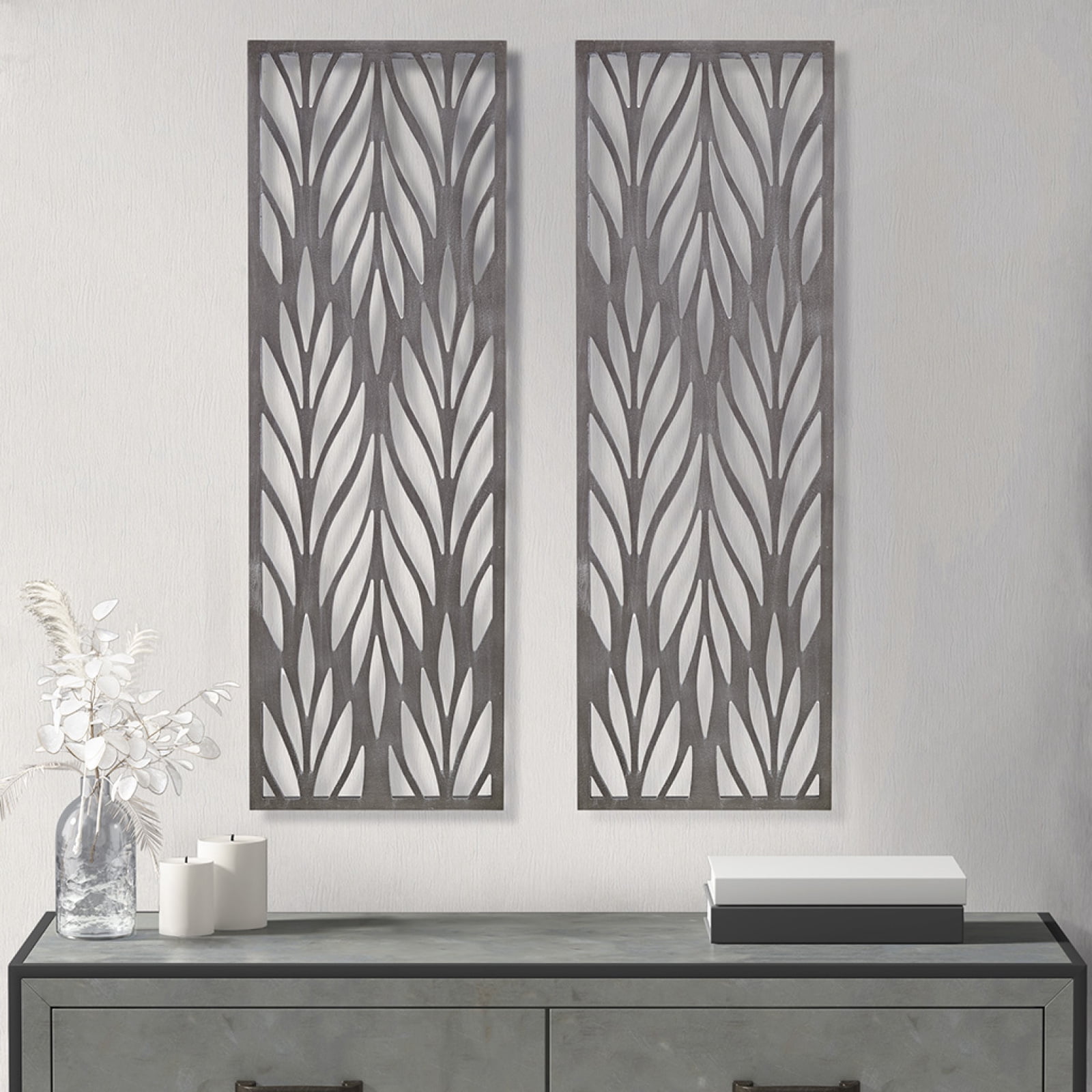 Florian Gray Botanical Laser Cut Wood 2-Piece Wall Panel Set