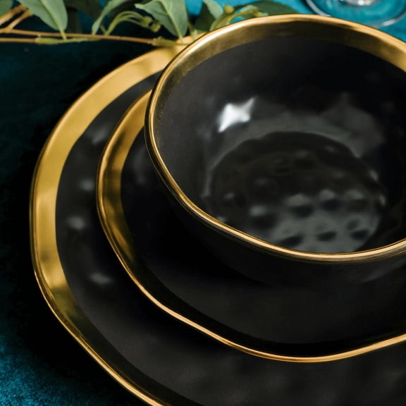 Florian Modern Porcelain 16 Piece Dinnerware Set Black Gold Rim for 4