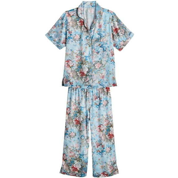 Floriana Womens Rose Garden Summer Pajamas - Blue Floral 2 Piece Pajama Set - Medium
