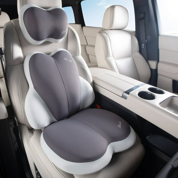 Florich 3 PCS Seat Cushion for Car Seat Lumbar Support Pillow Car Neck Headrest Pillows Ultrathick Memory Foam Seat Pads Pressure Relief Back Cushion for Office Chair, Gray