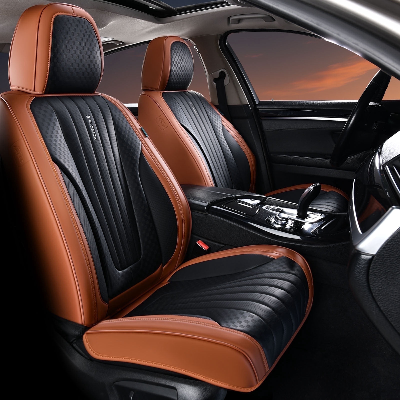 FLORICH Car Seat Covers, 2 Seats Waterproof Faux Leather Seat Cushions, Auto Protectors Universal Fit Most Cars, Black&Brown