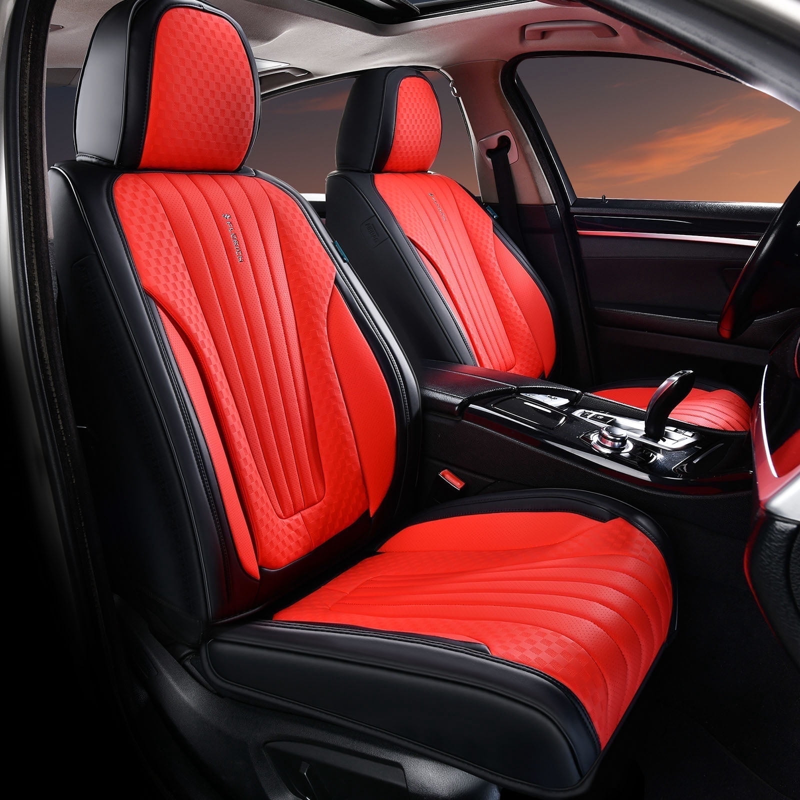 FLORICH Car Seat Covers, 2 Seats Waterproof Faux Leather Seat Cushions, Auto Protectors Universal Fit Most Cars, Black&Red