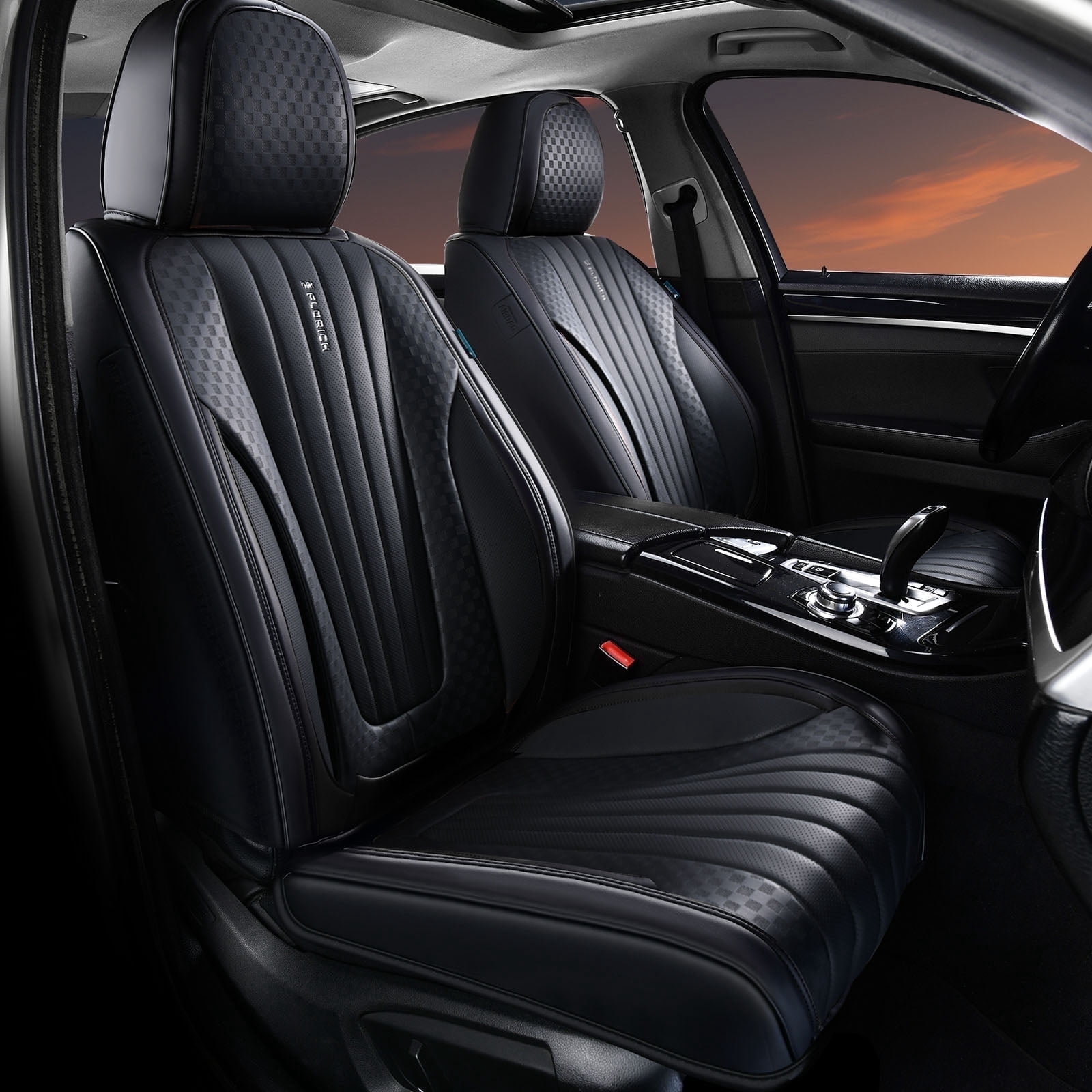 FLORICH Car Seat Covers, 2 Seats Waterproof Faux Leather Seat Cushions, Auto Protectors Universal Fit Most Cars, Black