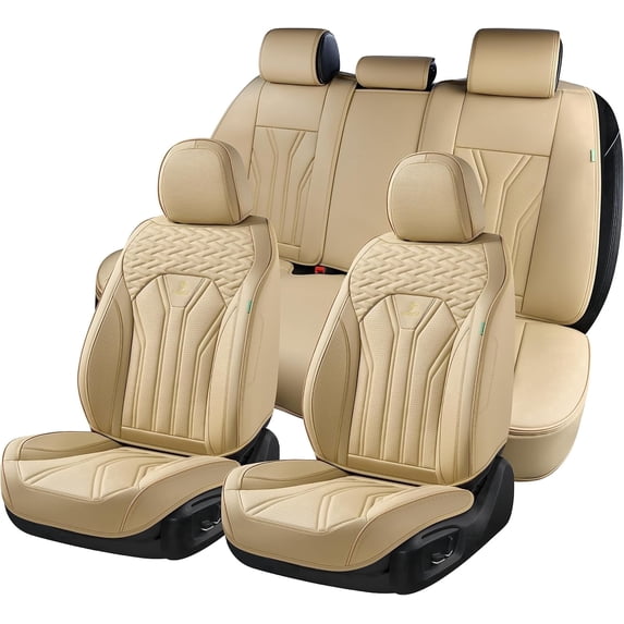 FLORICH Car Seat Covers Full Set, Comfortable Faux Leather Seat Protectors, Automotive Cushions Universal Fit for Most Cars SUV Trucks, Beige