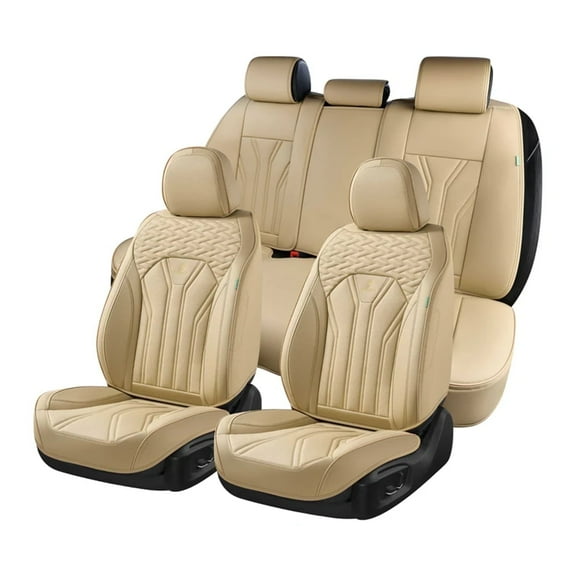Florich Car Seat Covers Full Set, Comfortable Faux Leather Seat Protectors, Automotive Cushions Universal Fit for Most Cars SUV Trucks, Beige