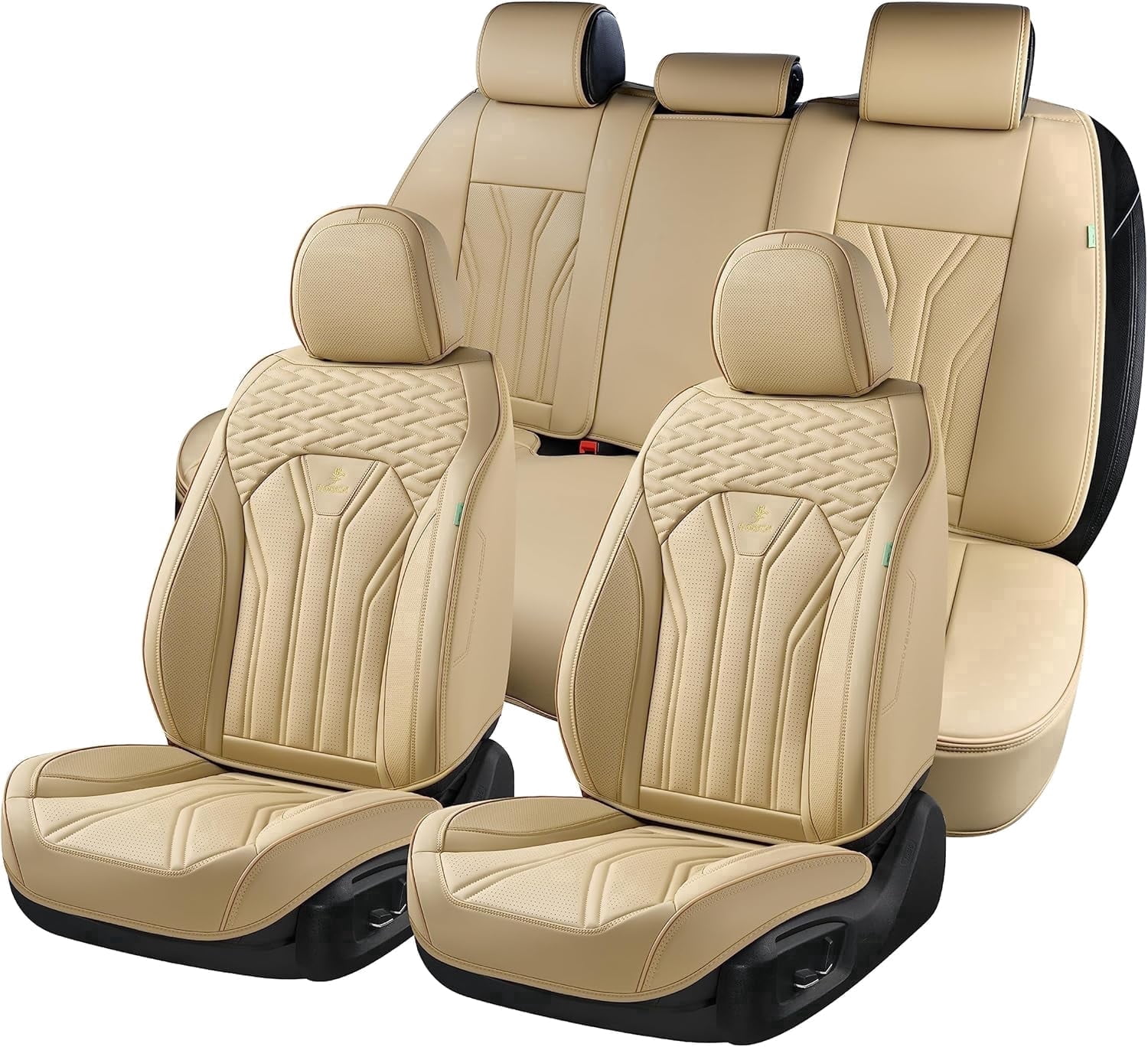 FLORICH Universal Leather Car Seat Cover Full Set, Beige Seat Covers for Cars 5 Seats, Waterproof Front and Rear Automotive Seat Cover Fit for Most Sedans SUV Pick-up Truck