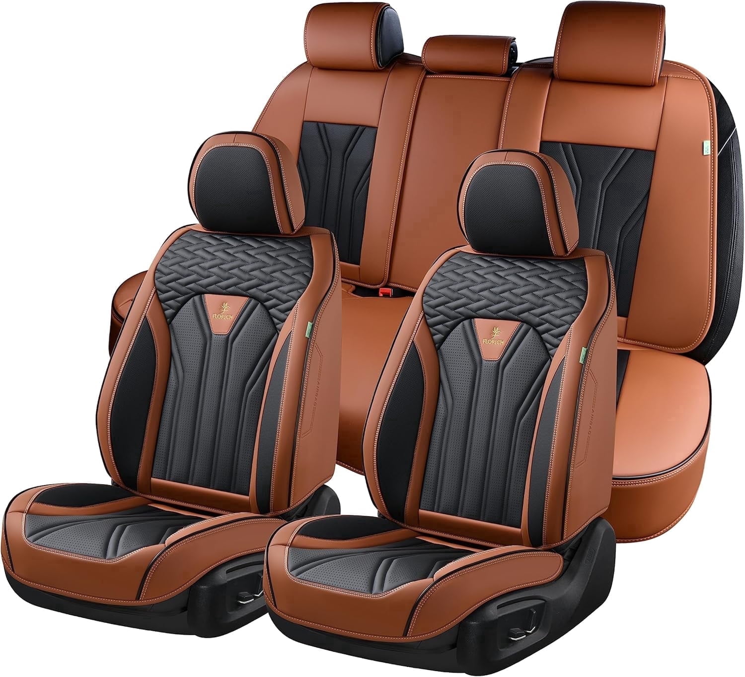 FLORICH Universal Leather Car Seat Cover Full Set, Brown Seat Covers for Cars 5 Seats, Waterproof Front and Rear Automotive Seat Cover Fit for Most Sedans SUV Pick-up Truck, Black & Brown
