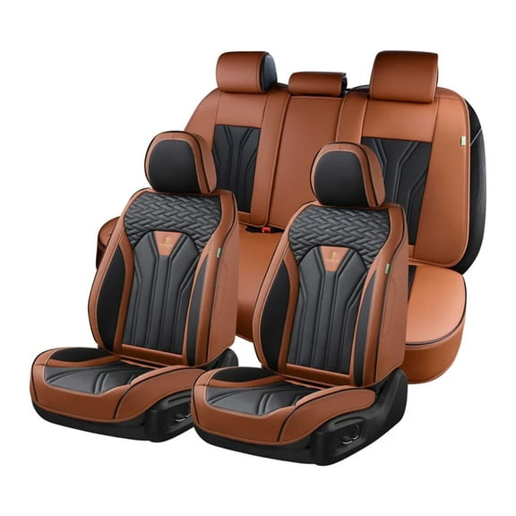 Florich Car Seat Covers Full Set, Comfortable Faux Leather Seat Protectors, Automotive Cushions Universal Fit for Most Cars SUV Trucks, Black&Brown
