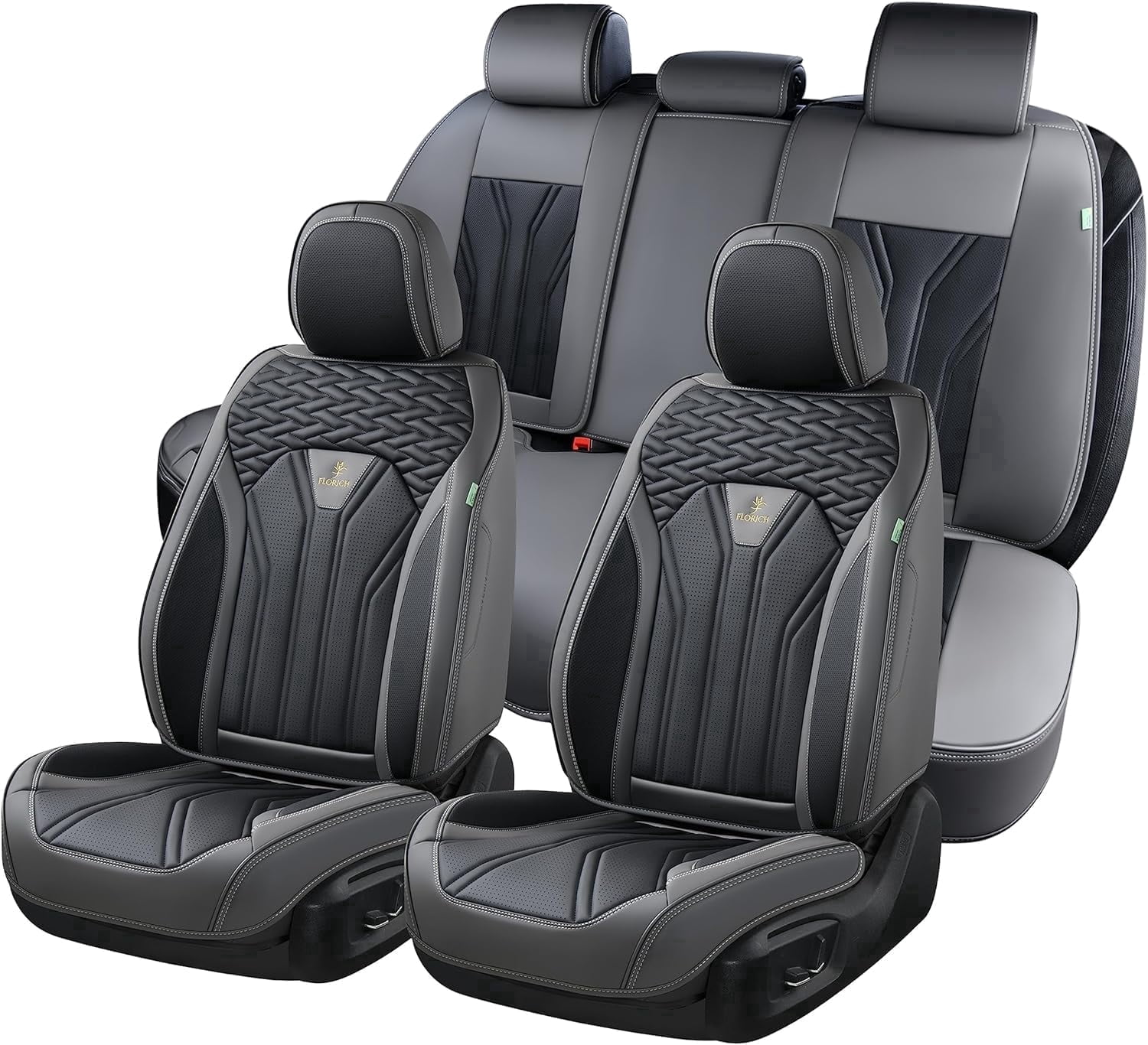 FLORICH Universal Leather Car Seat Cover Full Set, Gray Seat Covers for Cars 5 Seats, Waterproof Front and Rear Automotive Seat Cover Fit for Most Sedans SUV Pick-up Truck, Black & Gray