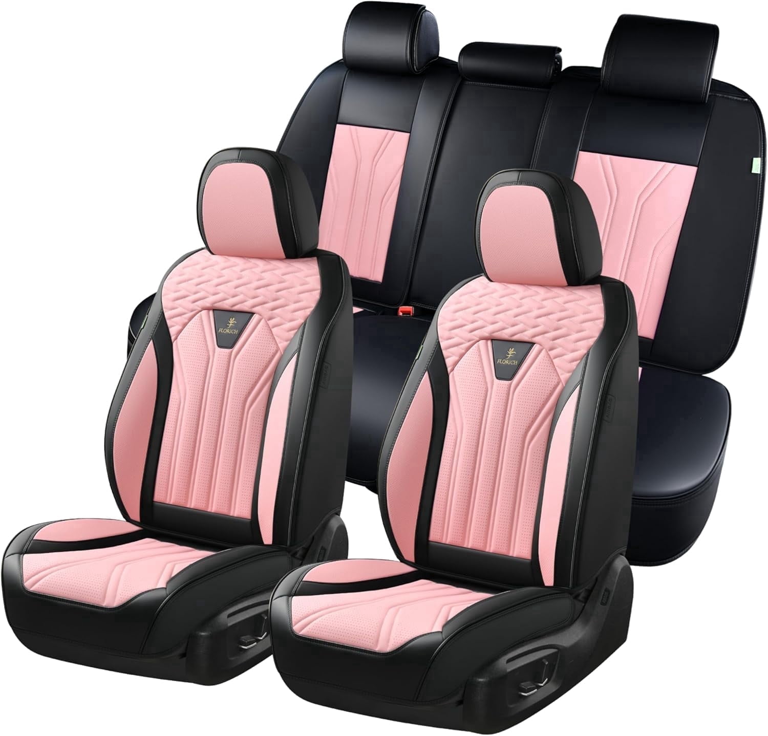 FLORICH Universal Leather Car Seat Cover Full Set, Pink Seat Covers for Cars 5 Seats, Waterproof Front and Rear Automotive Seat Cover Fit for Most Sedans SUV Pick-up Truck, Black & Pink
