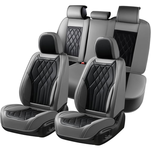 FLORICH Car Seat Covers Full Set, Waterproof Faux Leather Seat Protectors, Automotive Interior Cushions Universal Fit for Most Cars Suv Trucks, Black & Gray