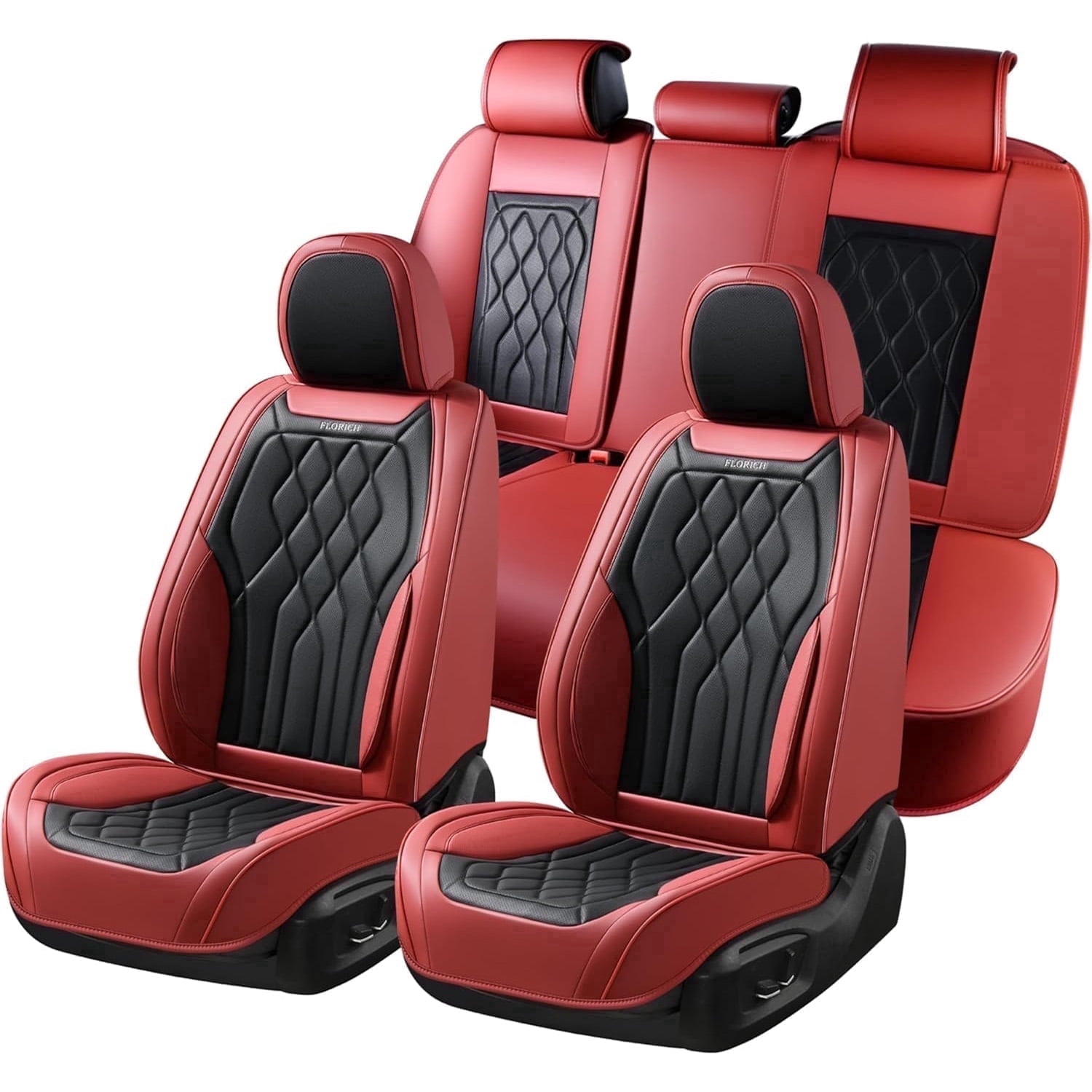 FLORICH Car Seat Covers Full Set, Waterproof Faux Leather Seat Protectors, Automotive Interior Cushions Universal Fit for Most Cars Suv Trucks, Black & Red