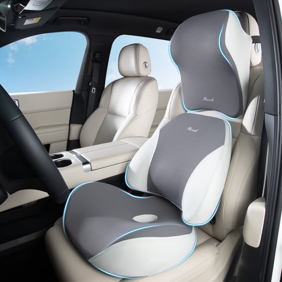 Florich Car Seat Cushion&Lumbar Support Pillow&Headrest Pillow, Ergonomic Design&Memory Foam, Relieves Neck, Back&Sciatica Pain, Gray