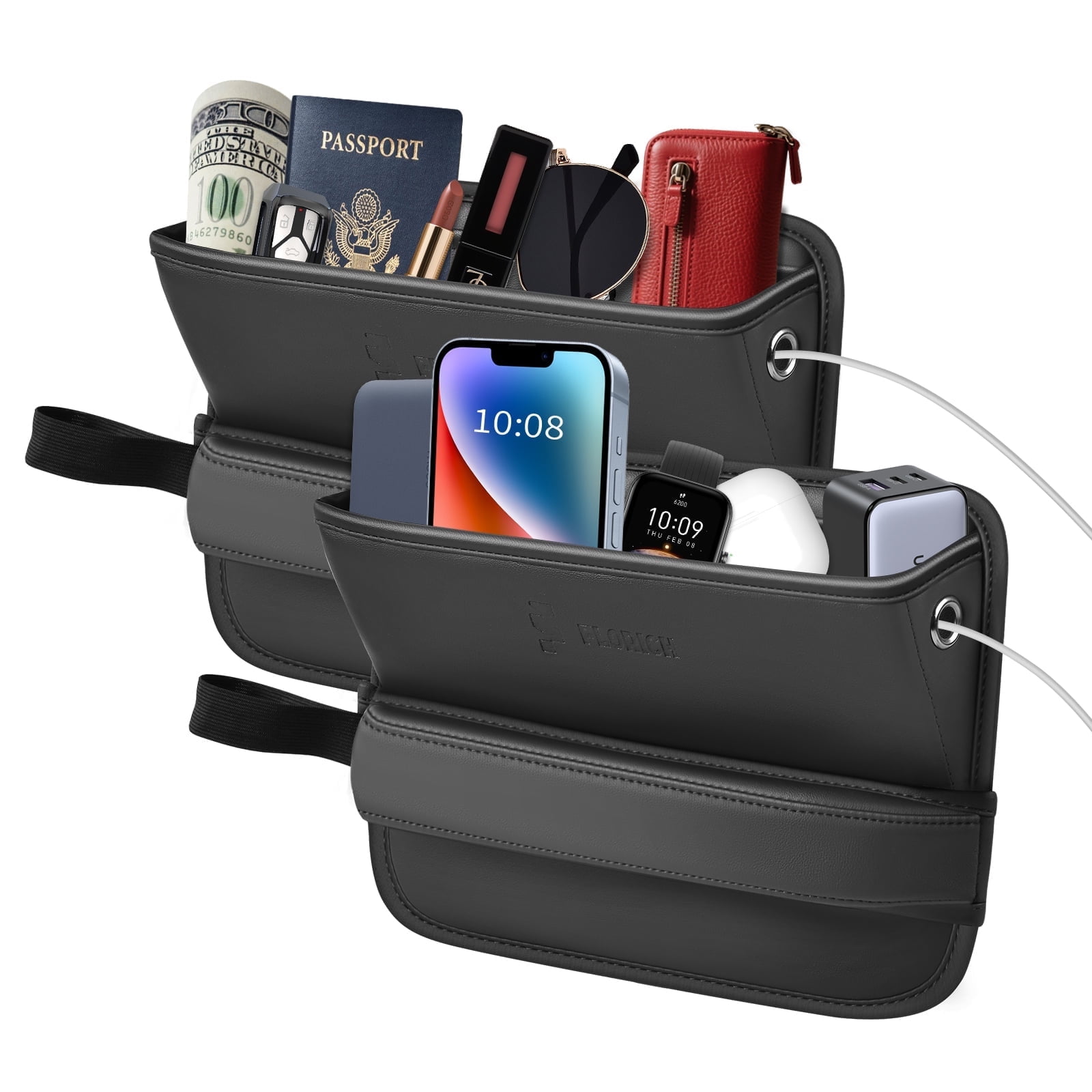 FLYBOX Car Seat Organiser, Back Seat Organiser With 12 Storage Compartments And 2 Metal Cup Holders, Front And Back Storage Box, Passenger Between Centre Seats For Truck, Trunk