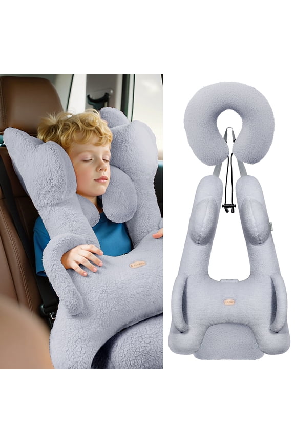 Car Sleeping Travel Pillow for Kid & Adults to Support Head and Body on Road Trips with Neck Pillow and Blanket, Gray