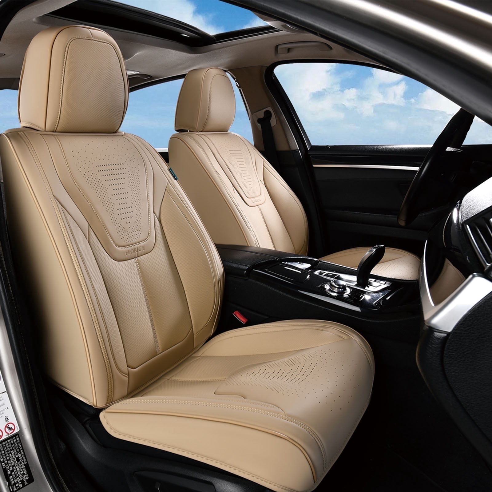 FLORICH Front Car Seat Covers, Luxury Faux Leather Seat Protectors, Automotive Seat Cushions Universal Fit for Most Cars Trucks SUV, Beige