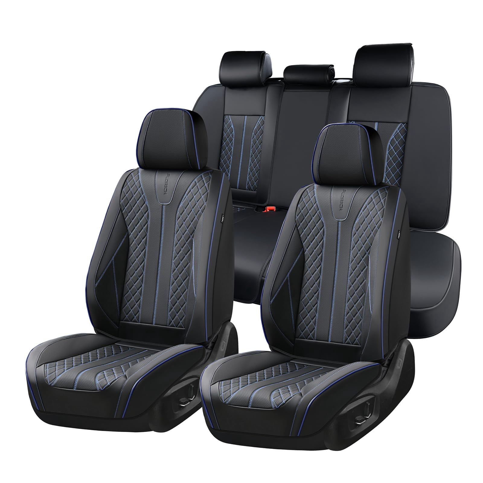 FLORICH Front Pair Car Seat Covers, Premium Faux Leather Seat Protectors, Breathable Material Cushions Universal Fit for Most Cars, Black & Blue Line