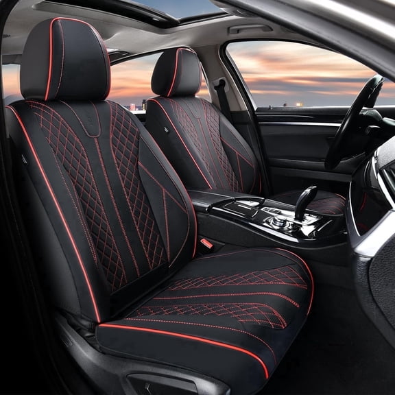 FLORICH Front Pair Car Seat Covers, Premium Faux Leather Seat Protectors, Breathable Material Cushions Universal Fit for Most Cars, Black & Red Line