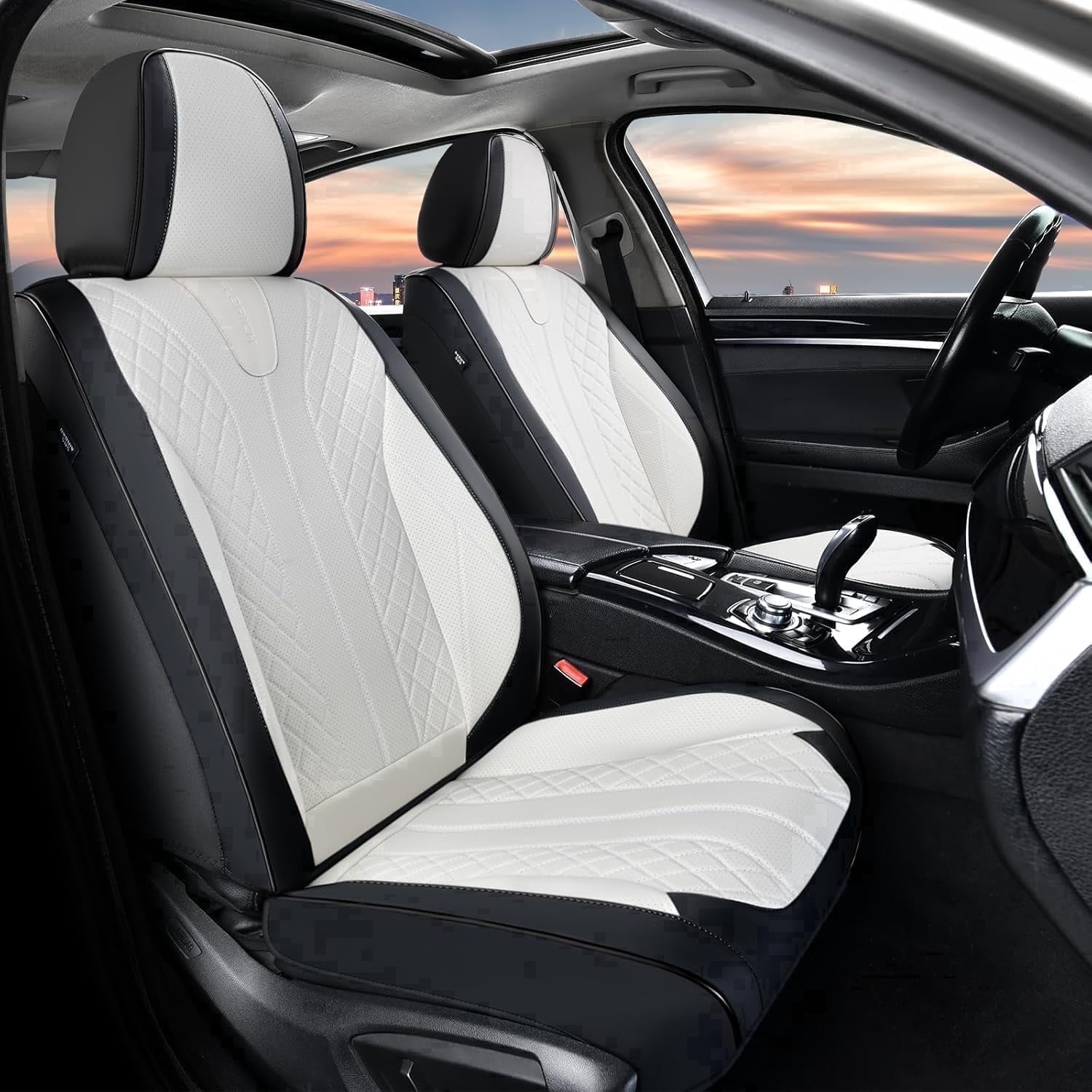 FLORICH Front Pair Car Seat Covers, Premium Faux Leather Seat Protectors, Breathable Material Cushions Universal Fit for Most Cars, Black & Withe