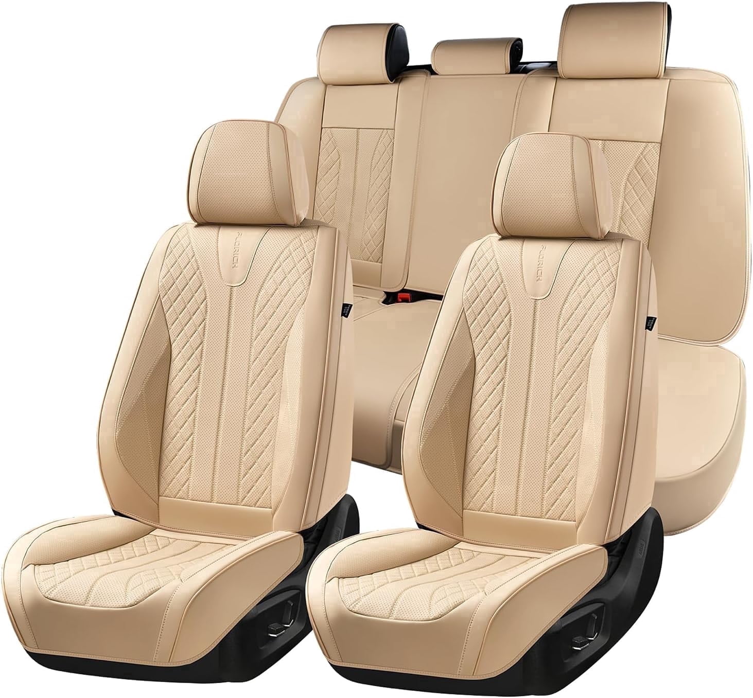 FLORICH Full Set Car Seat Covers, Premium Faux Leather Seat Protectors, Breathable Material Cushions Universal Fit for Most Cars, Beige