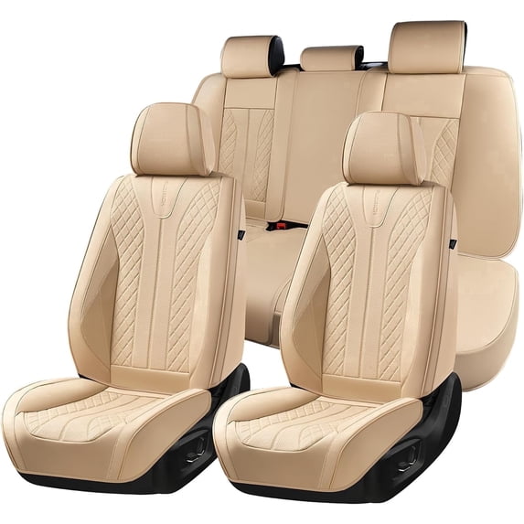 FLORICH Full Set Car Seat Covers, Premium Faux Leather Seat Protectors, Breathable Material Cushions Universal Fit for Most Cars, Beige