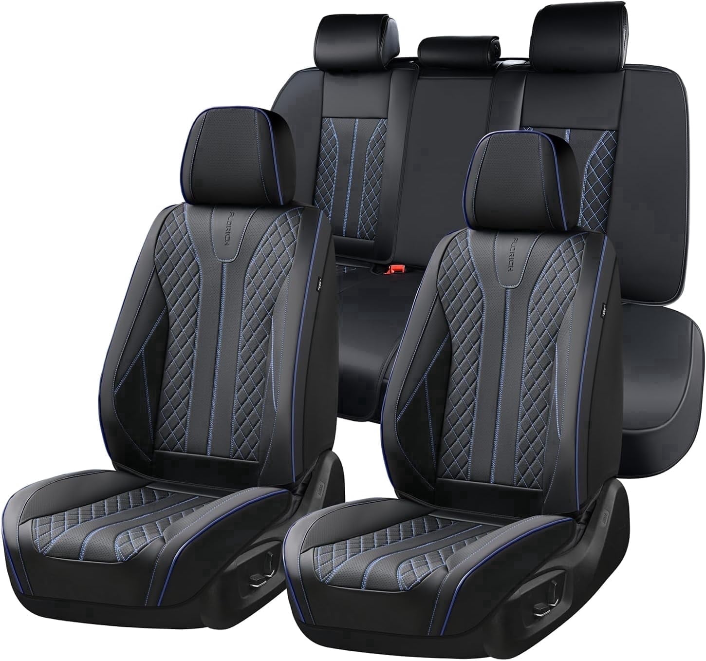 FLORICH Full Set Car Seat Covers, Premium Faux Leather Seat Protectors, Breathable Material Cushions Universal Fit for Most Cars, Black & Blue Line