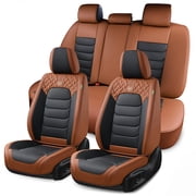 FLORICH Full Set Car Seat Covers, Waterproof Faux Leather Seat Protectors, Comfortable Auto Interior Cushions Fit for Most Cars Suv Trucks, Black & Brown