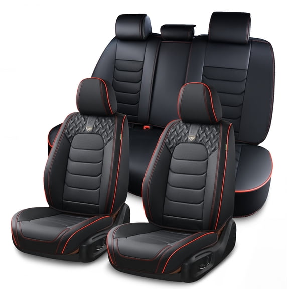 FLORICH Full Set Car Seat Covers, Waterproof Faux Leather Seat Protectors, Comfortable Auto Interior Cushions Fit for Most Cars Suv Trucks, Black & Red Line
