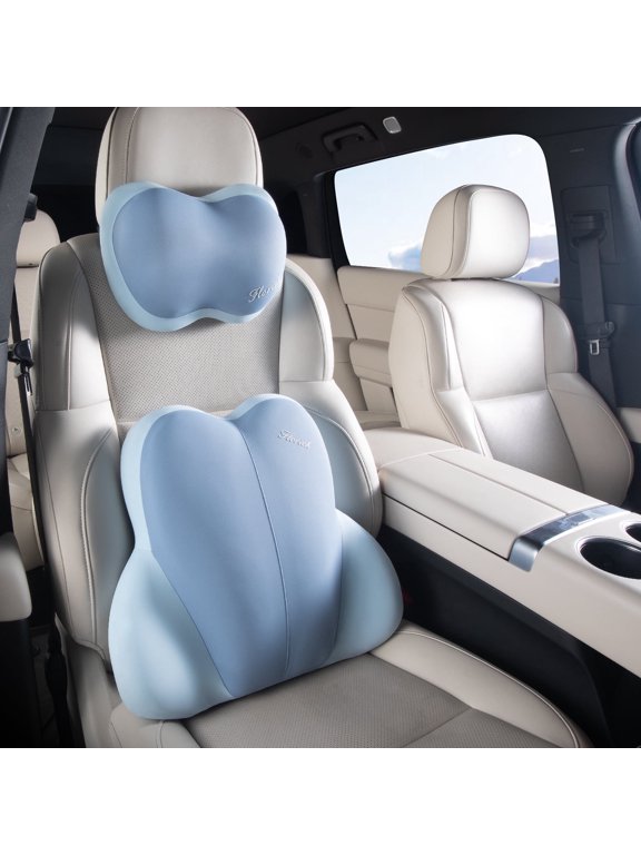 Memory Foam Lumbar Support Pillow and Headrest Pillow 2 Piece Set for Car Seat & Offic - Relieves Neck, Back & Sciatica Pain, Blue