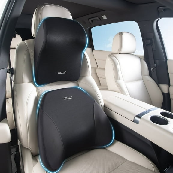 Florich Lumbar Support&Headrest Pillow, Back&Neck Pillow Set for Car Seat Driver, Memory Foam Back Neck Support Pillow and Car Seat Lumbar Support for Car Office Chair, Black