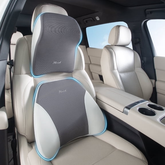 Florich Lumbar Support&Headrest Pillow, Back&Neck Pillow Set for Car Seat Driver, Memory Foam Back Neck Support Pillow and Car Seat Lumbar Support for Car Office Chair, Gray