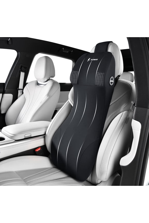 One-Piece Lumbar Support&Car Headrest Pillow, 2-in-1 Memory Foam Car Seat Headrest with Lumbar Cushion Ergonomic Support Pillow for Neck Back Pain Relief, Black