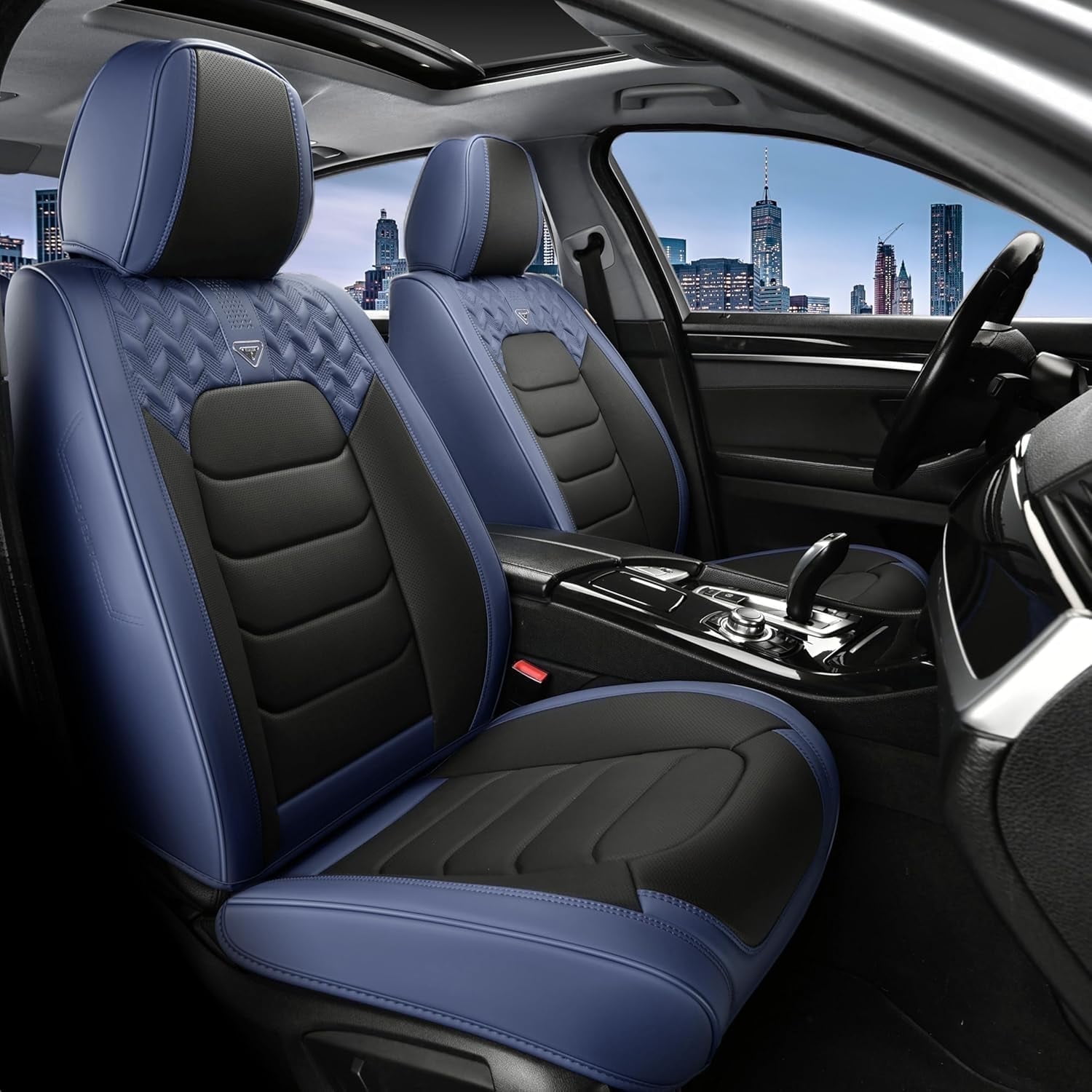 FLORICH Car Seat Covers Front Pair, Waterproof Faux Leather Seat Protectors, Auto Interior Cushions Fit for Most Cars Suv Trucks, Black&Blue