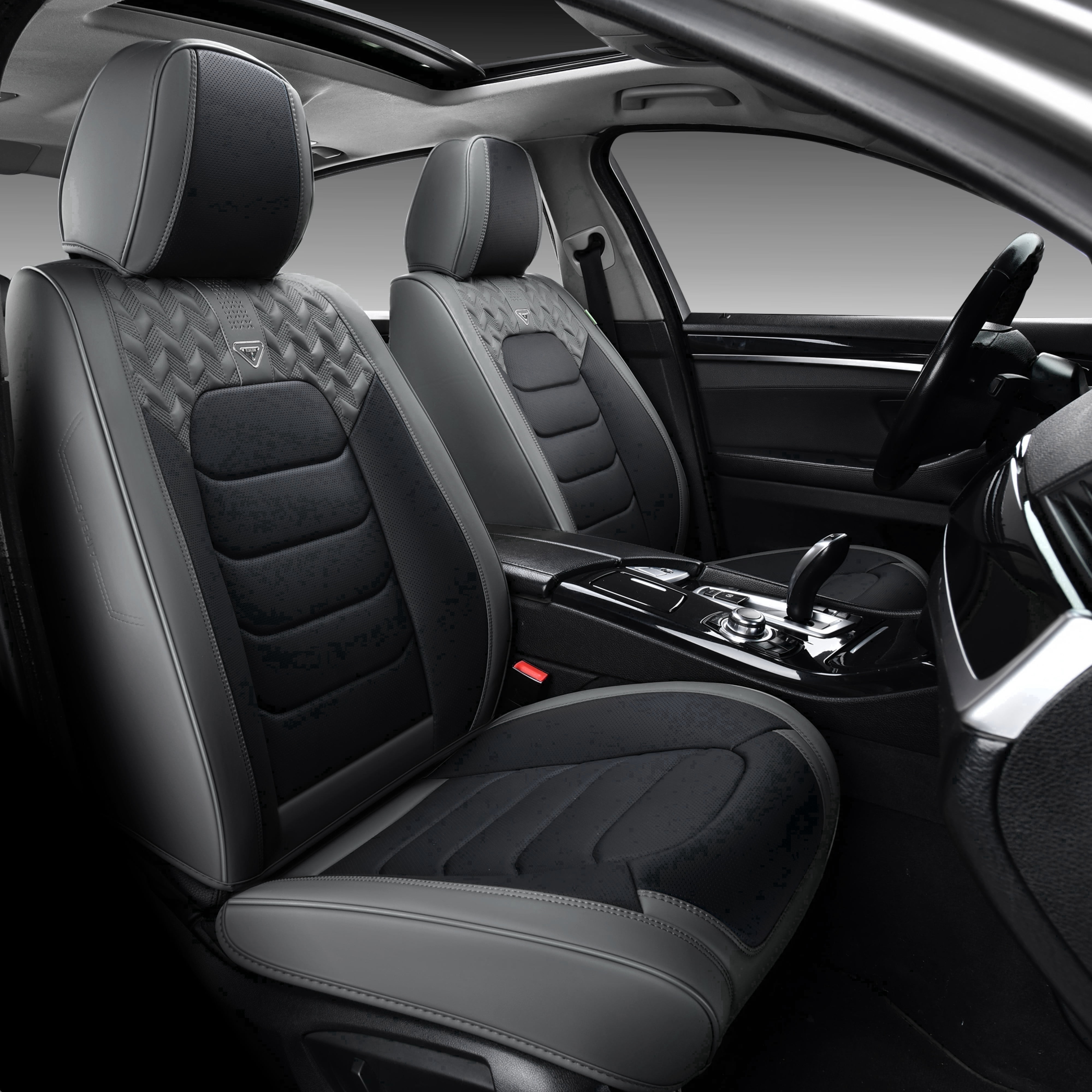 FLORICH Car Seat Covers Front Pair, Waterproof Faux Leather Seat Protectors, Auto Interior Cushions Fit for Most Cars SUV Trucks, Black & Gray